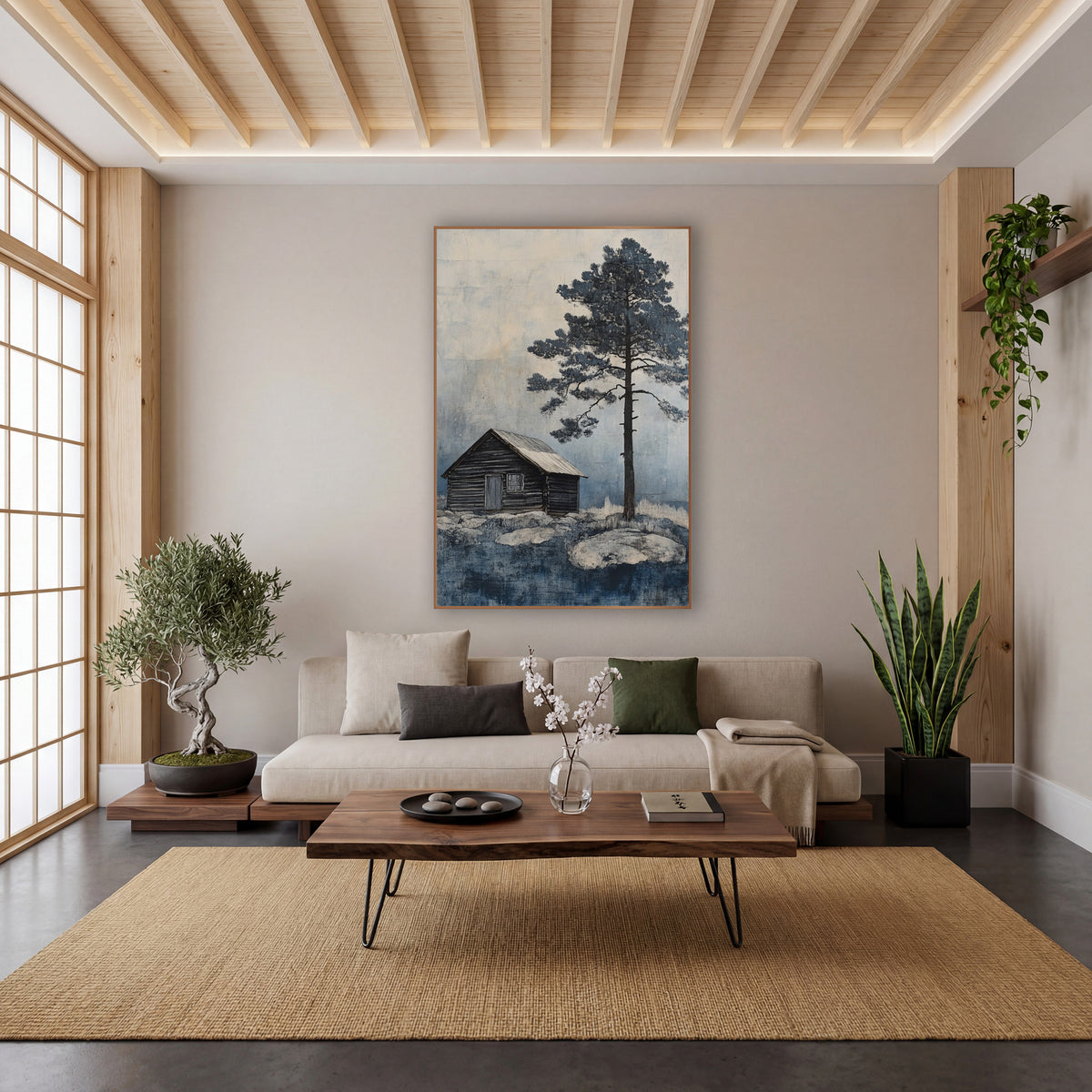 Lone Cabin Evergreen Indigo Landscape wall art in a calm Japandi-style room – small dark wooden cabin beside a tall