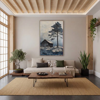 Lone Cabin Evergreen Indigo Landscape wall art in a calm Japandi-style room – small dark wooden cabin beside a tall