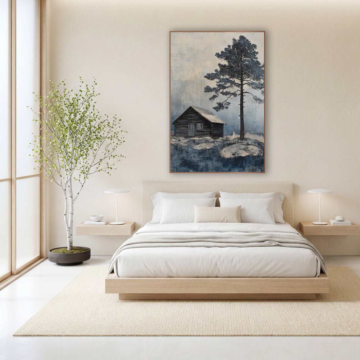 Lone Cabin Evergreen Indigo Landscape wall art in a calm Japandi-style room – small dark wooden cabin beside a tall