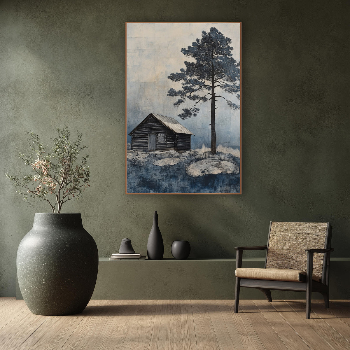 Lone Cabin Evergreen Indigo Landscape wall art in a calm Japandi-style room – small dark wooden cabin beside a tall