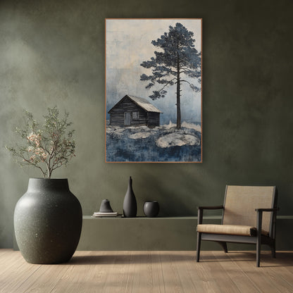 Lone Cabin Evergreen Indigo Landscape wall art in a calm Japandi-style room – small dark wooden cabin beside a tall