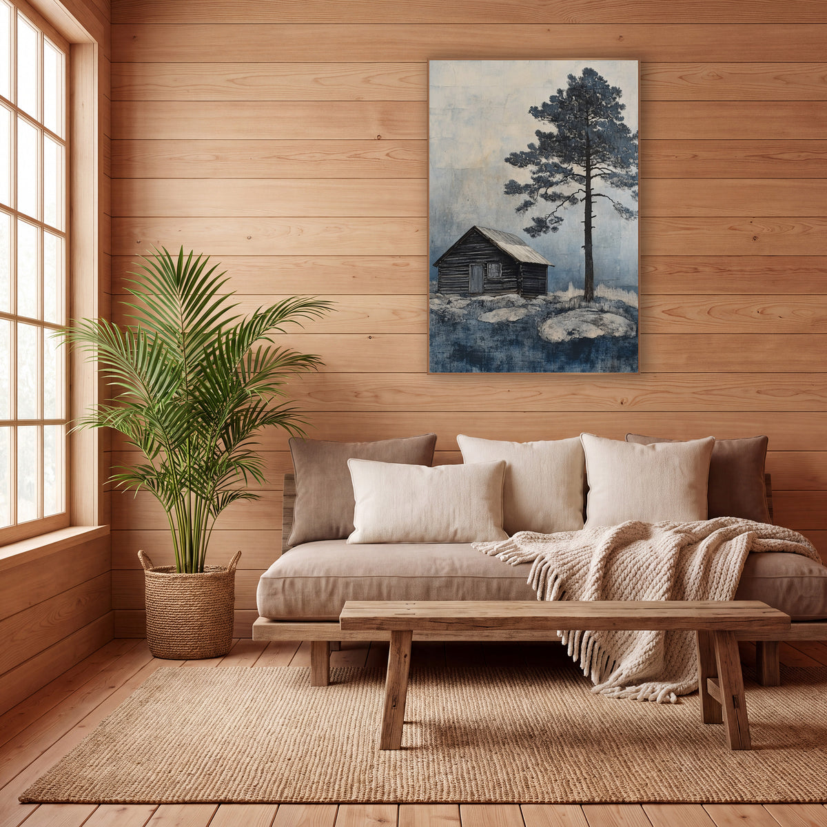 Lone Cabin Evergreen Indigo Landscape wall art in a calm Japandi-style room – small dark wooden cabin beside a tall