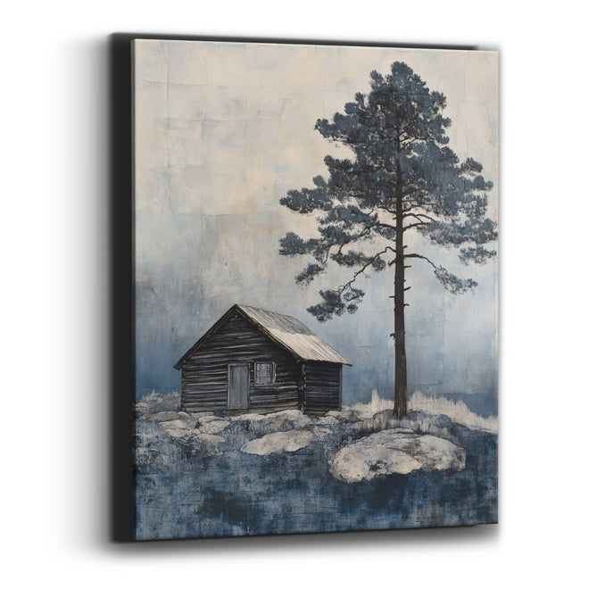 Lone Cabin Evergreen Indigo Landscape Canvas Wall Art