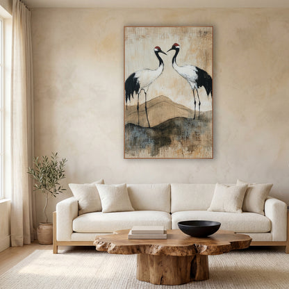 Red-Crowned Cranes Japandi Landscape wall art in a calm Japandi-style room – two cranes with red caps and black necks