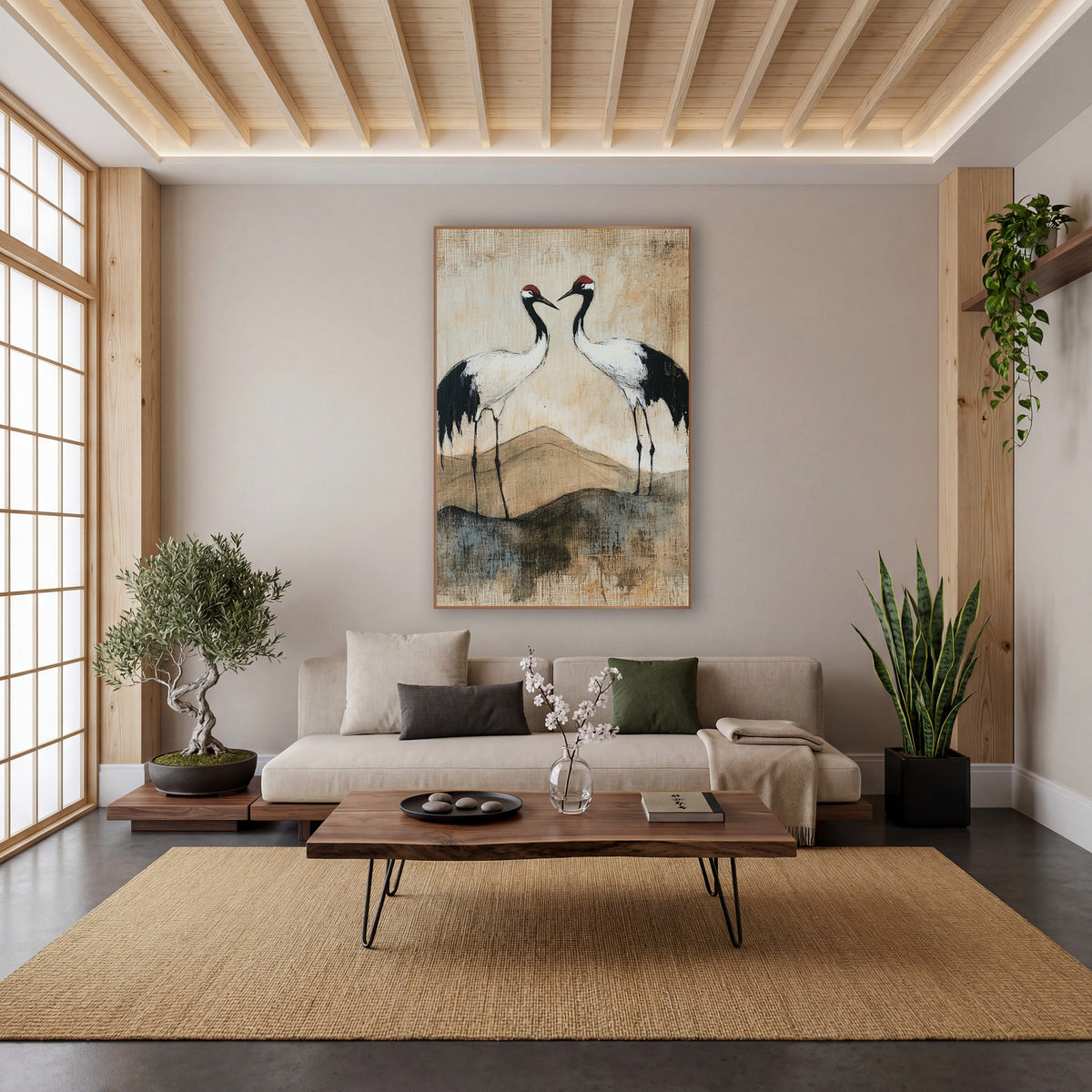 Red-Crowned Cranes Japandi Landscape wall art in a calm Japandi-style room – two cranes with red caps and black necks