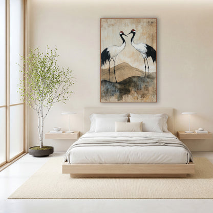Red-Crowned Cranes Japandi Landscape wall art in a calm Japandi-style room – two cranes with red caps and black necks