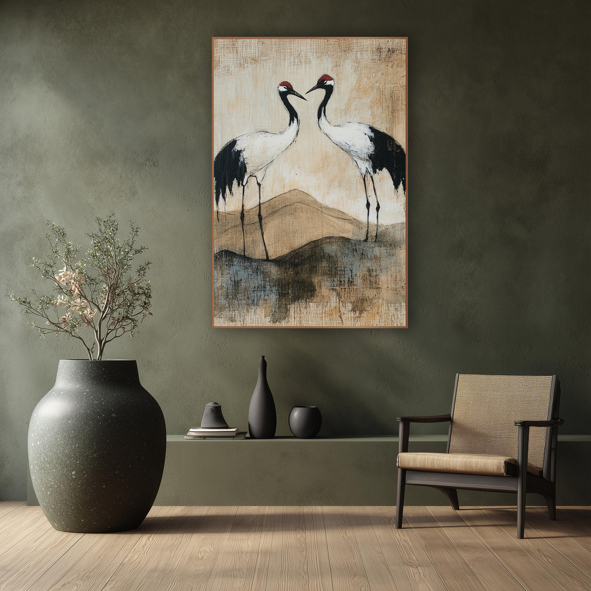 Red-Crowned Cranes Japandi Landscape wall art in a calm Japandi-style room – two cranes with red caps and black necks