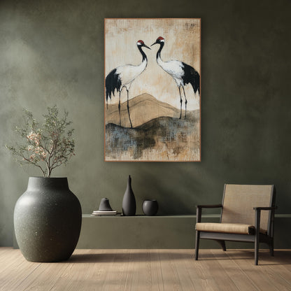 Red-Crowned Cranes Japandi Landscape wall art in a calm Japandi-style room – two cranes with red caps and black necks