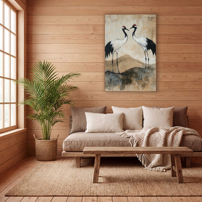 Red-Crowned Cranes Japandi Landscape wall art in a calm Japandi-style room – two cranes with red caps and black necks