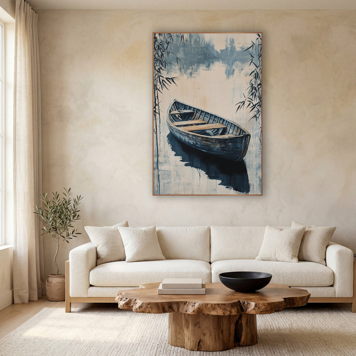 Indigo Rowboat Bamboo Japandi wall art in a calm Japandi-style room – weathered wooden rowboat on still water
