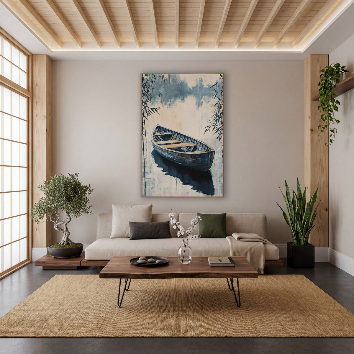 Indigo Rowboat Bamboo Japandi wall art in a calm Japandi-style room – weathered wooden rowboat on still water