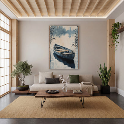 Indigo Rowboat Bamboo Japandi wall art in a calm Japandi-style room – weathered wooden rowboat on still water