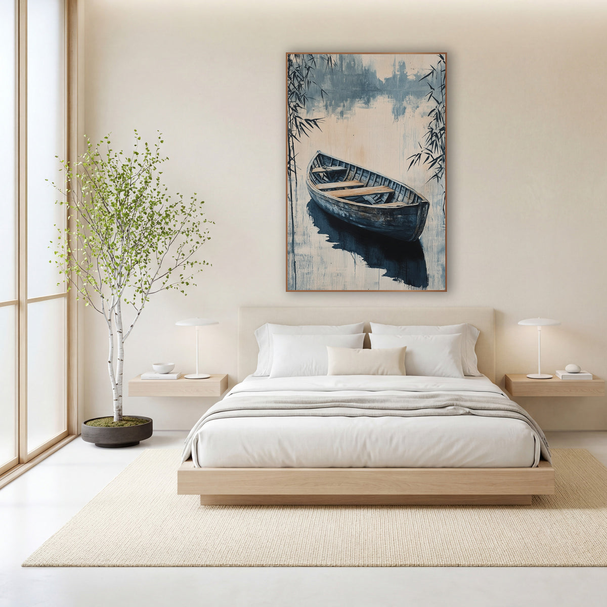 Indigo Rowboat Bamboo Japandi wall art in a calm Japandi-style room – weathered wooden rowboat on still water