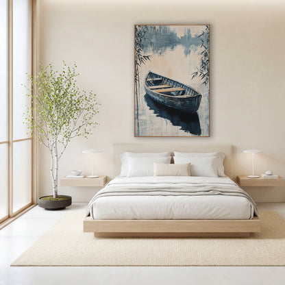Indigo Rowboat Bamboo Japandi wall art in a calm Japandi-style room – weathered wooden rowboat on still water