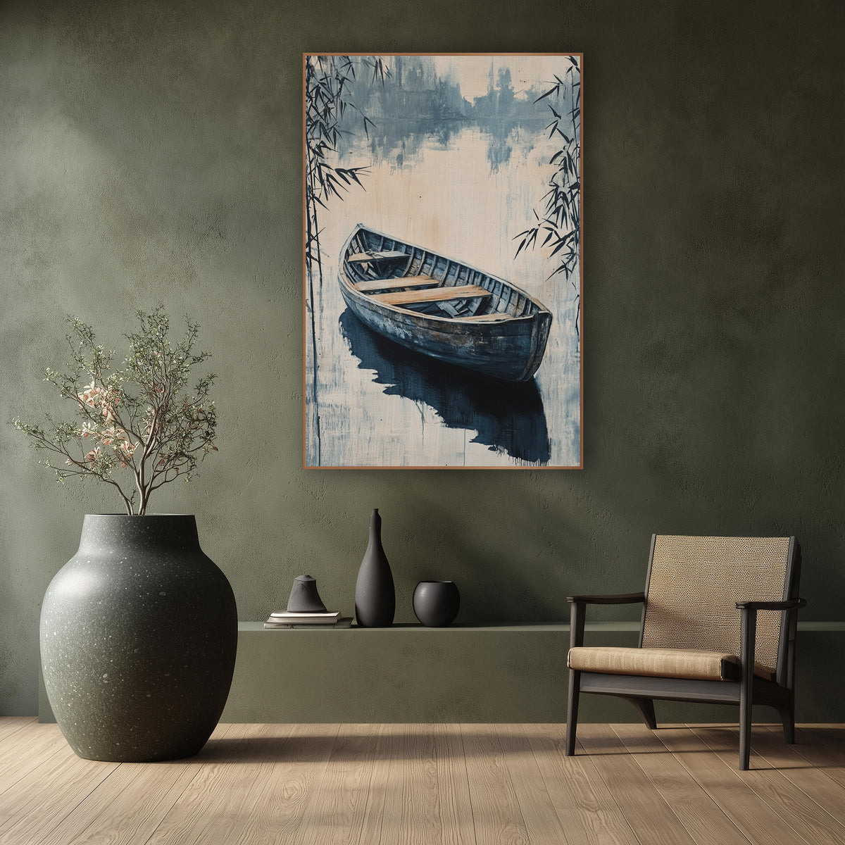 Indigo Rowboat Bamboo Japandi wall art in a calm Japandi-style room – weathered wooden rowboat on still water
