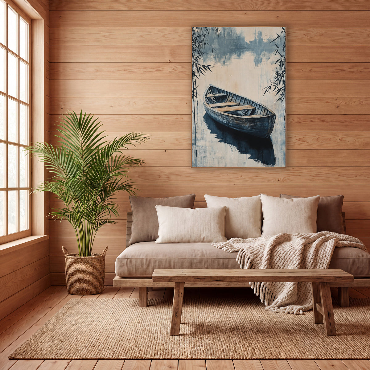 Indigo Rowboat Bamboo Japandi wall art in a calm Japandi-style room – weathered wooden rowboat on still water
