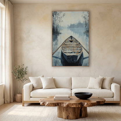 Misty Lake Wooden Rowboat Japandi wall art in a calm Japandi-style room – wooden rowboat with oars on misty blue lake