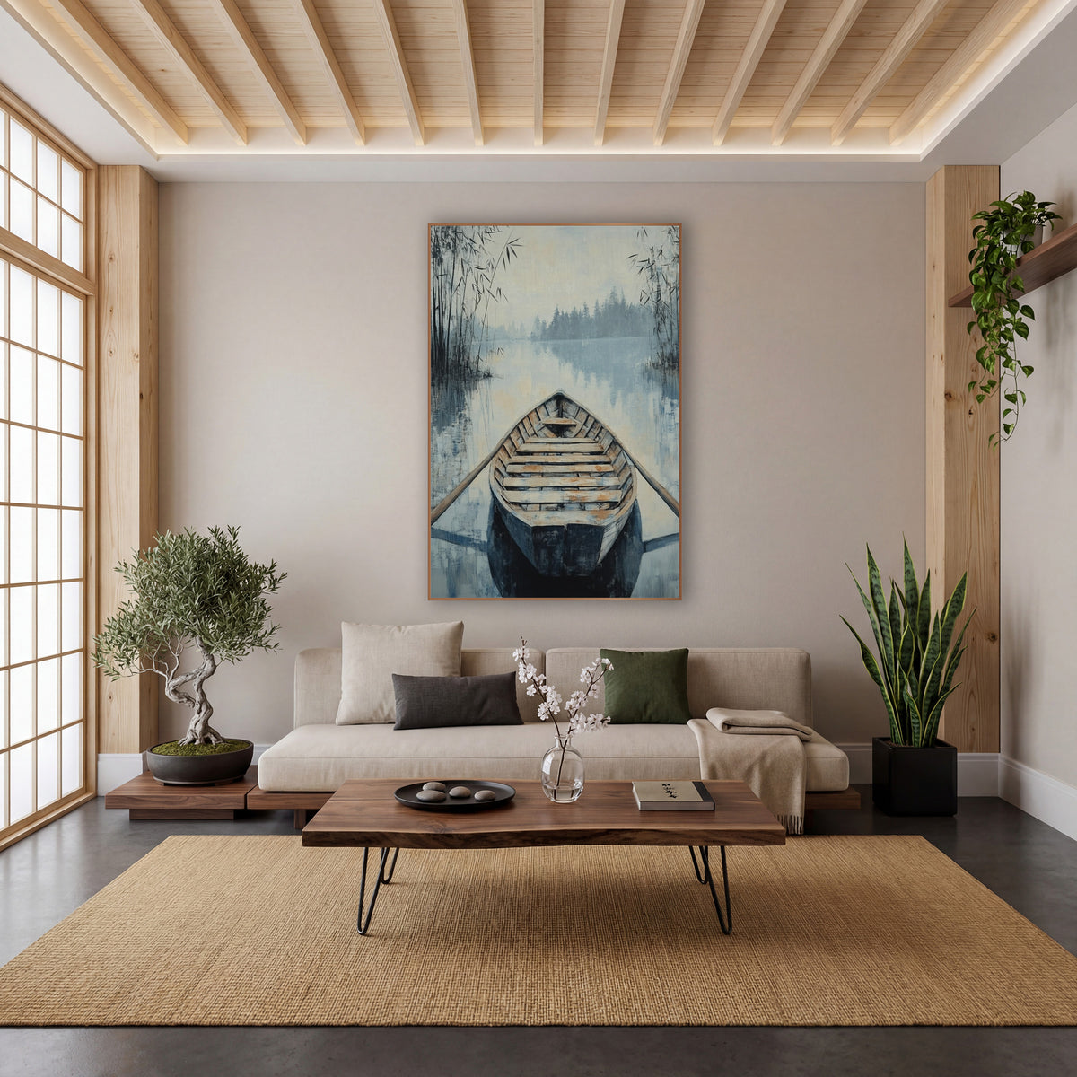 Misty Lake Wooden Rowboat Japandi wall art in a calm Japandi-style room – wooden rowboat with oars on misty blue lake