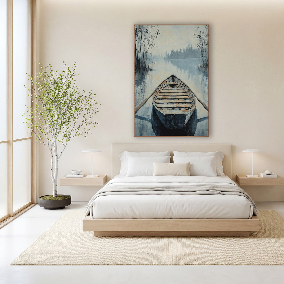 Misty Lake Wooden Rowboat Japandi wall art in a calm Japandi-style room – wooden rowboat with oars on misty blue lake