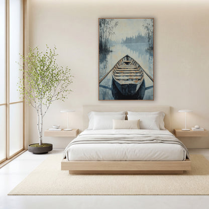 Misty Lake Wooden Rowboat Japandi wall art in a calm Japandi-style room – wooden rowboat with oars on misty blue lake