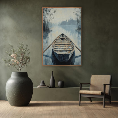Misty Lake Wooden Rowboat Japandi wall art in a calm Japandi-style room – wooden rowboat with oars on misty blue lake