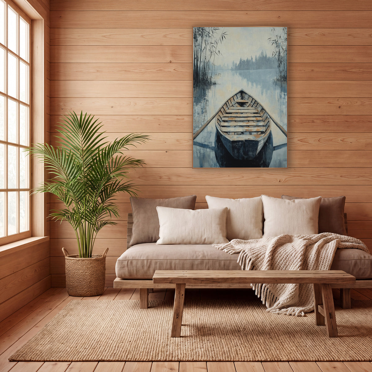Misty Lake Wooden Rowboat Japandi wall art in a calm Japandi-style room – wooden rowboat with oars on misty blue lake