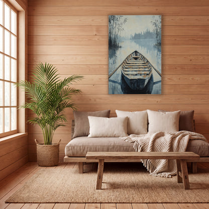 Misty Lake Wooden Rowboat Japandi wall art in a calm Japandi-style room – wooden rowboat with oars on misty blue lake