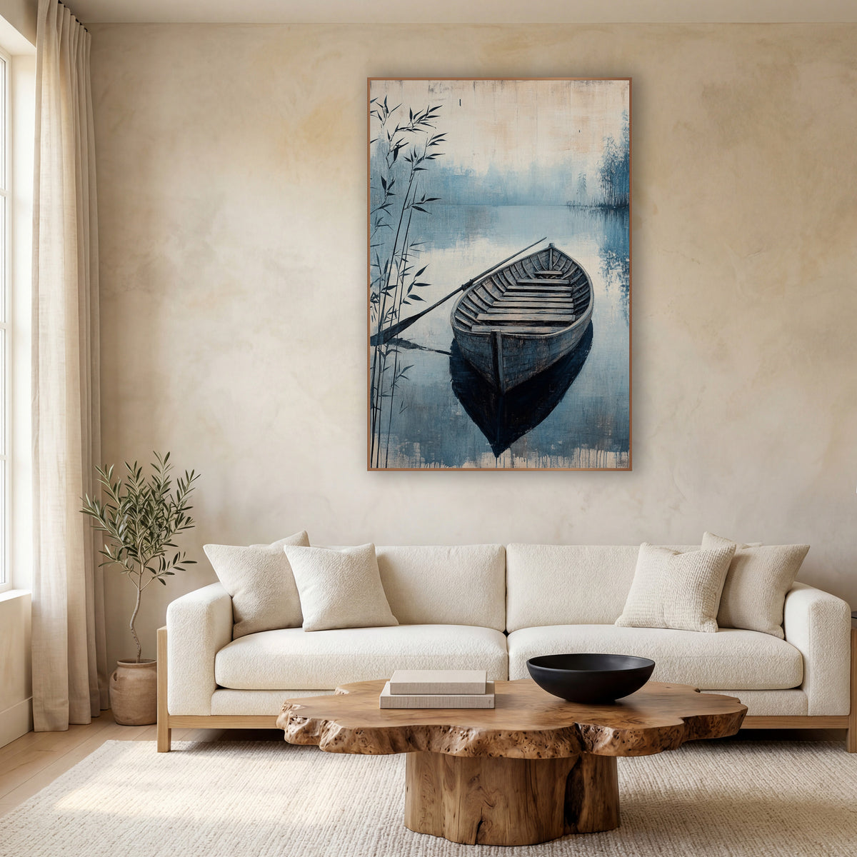 Misty Blue Rowboat Lakeside Japandi wall art in a calm Japandi-style room – weathered wooden rowboat with a long oar