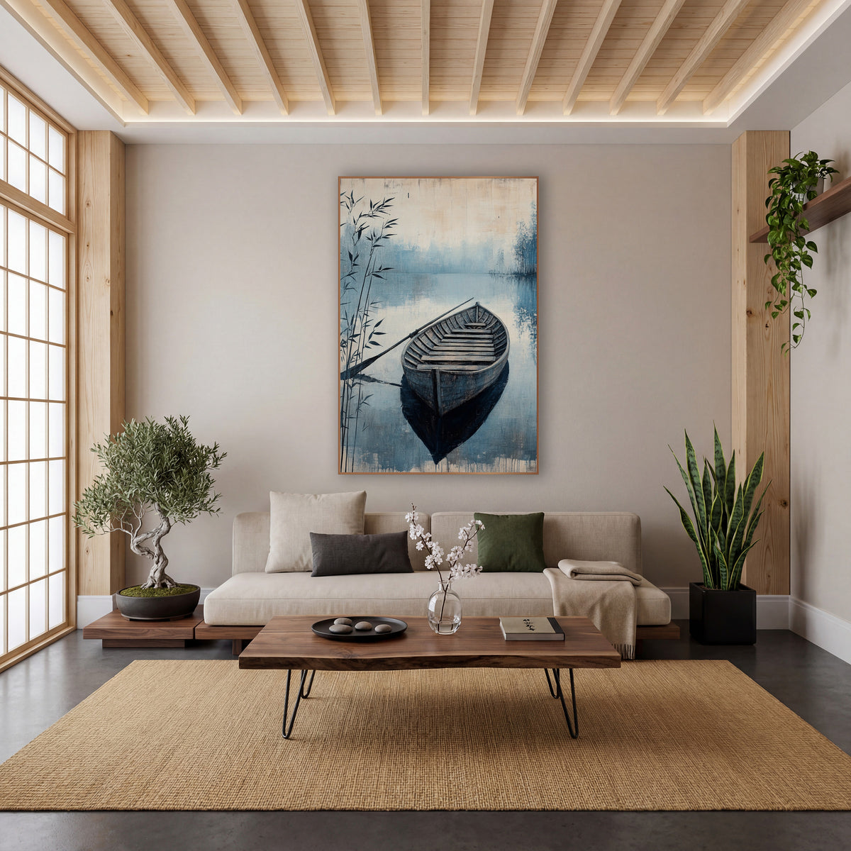 Misty Blue Rowboat Lakeside Japandi wall art in a calm Japandi-style room – weathered wooden rowboat with a long oar