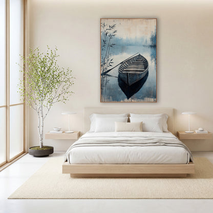 Misty Blue Rowboat Lakeside Japandi wall art in a calm Japandi-style room – weathered wooden rowboat with a long oar