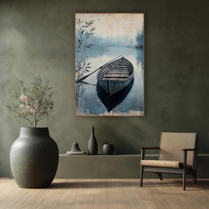 Misty Blue Rowboat Lakeside Japandi wall art in a calm Japandi-style room – weathered wooden rowboat with a long oar