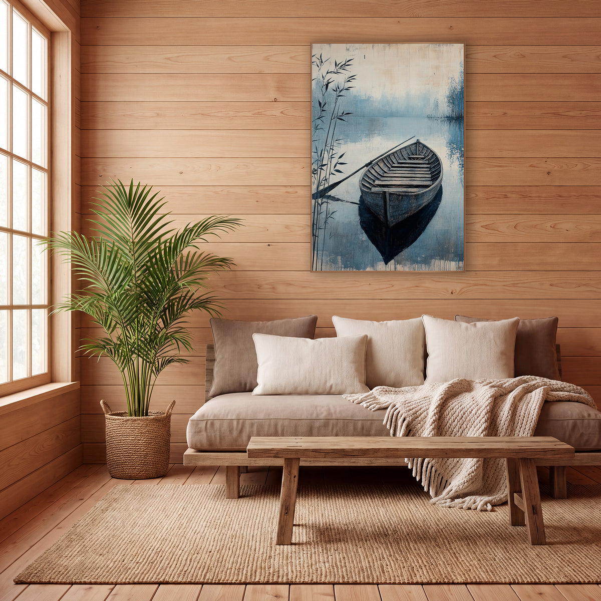Misty Blue Rowboat Lakeside Japandi wall art in a calm Japandi-style room – weathered wooden rowboat with a long oar