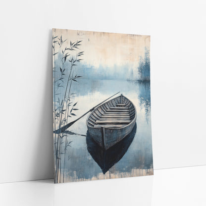 Misty Blue Rowboat Lakeside Japandi art print leaning against a white wall – weathered wooden rowboat with a long oar