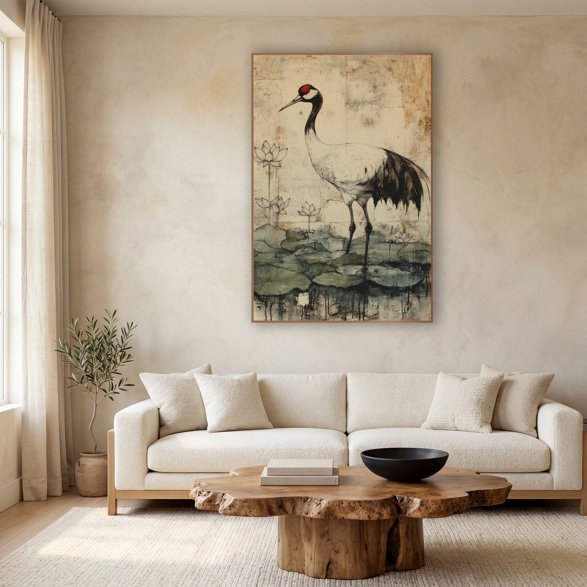 Tall Crane Lotus Blooms Japandi wall art in a calm Japandi-style room – red-crowned crane standing among lotus flowers