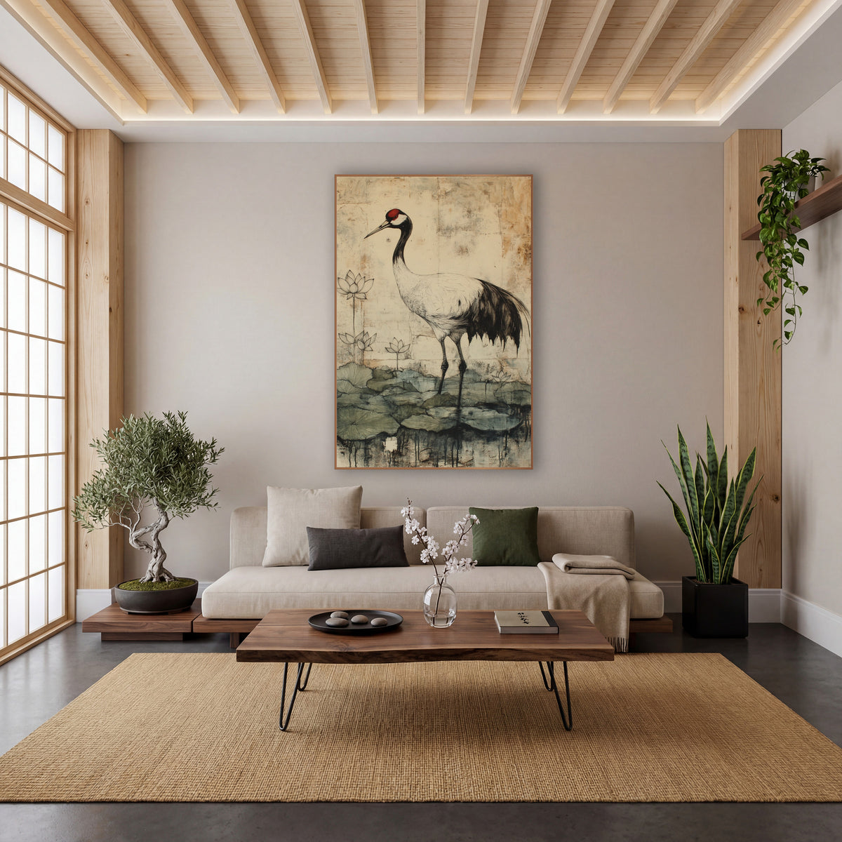 Tall Crane Lotus Blooms Japandi wall art in a calm Japandi-style room – red-crowned crane standing among lotus flowers