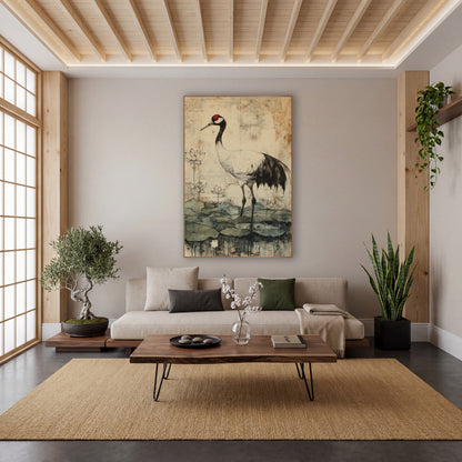 Tall Crane Lotus Blooms Japandi wall art in a calm Japandi-style room – red-crowned crane standing among lotus flowers