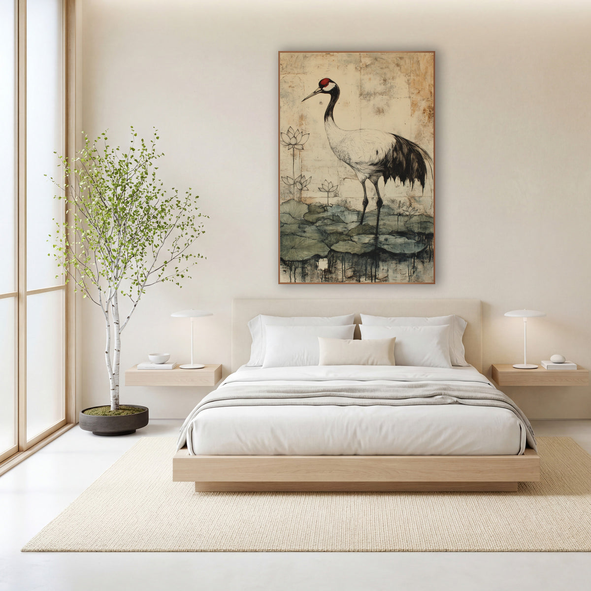 Tall Crane Lotus Blooms Japandi wall art in a calm Japandi-style room – red-crowned crane standing among lotus flowers