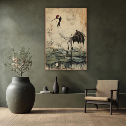 Tall Crane Lotus Blooms Japandi wall art in a calm Japandi-style room – red-crowned crane standing among lotus flowers