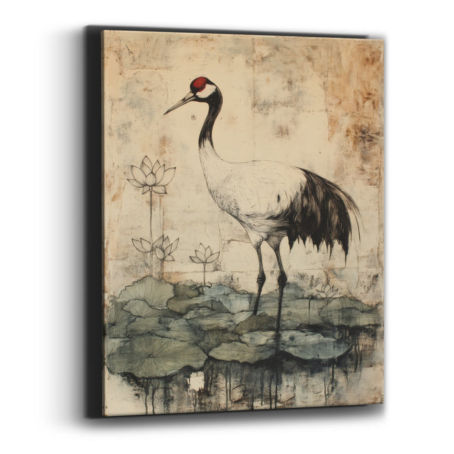 Tall Crane Lotus Blooms Japandi Canvas Wall Art