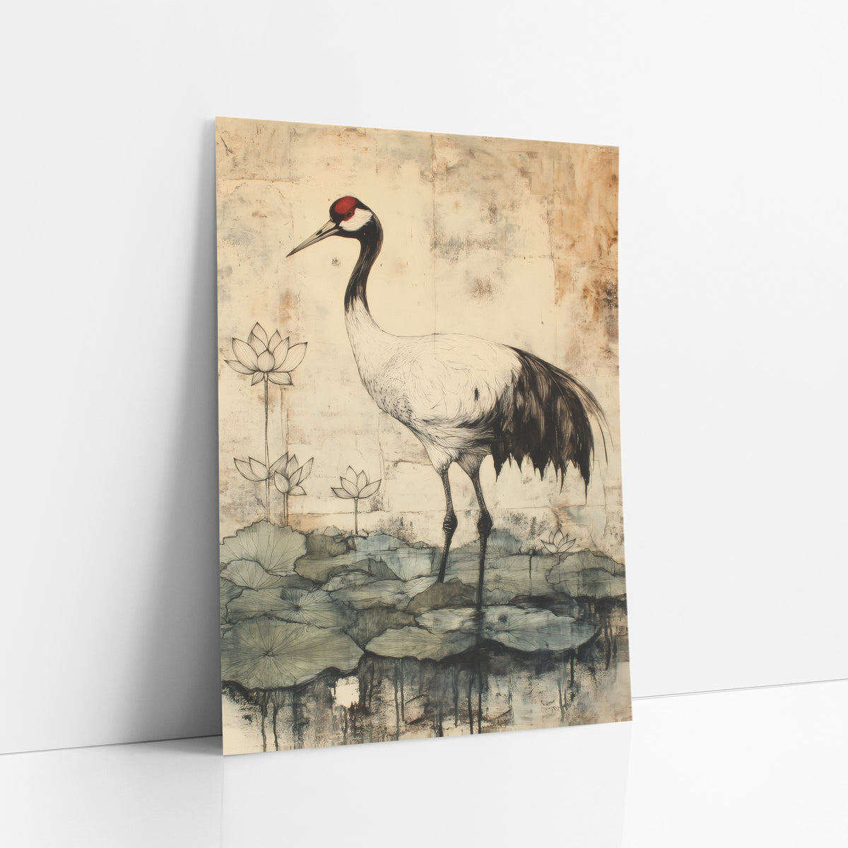 Tall Crane Lotus Blooms Japandi art print leaning against a white wall – red-crowned crane standing among lotus flowers