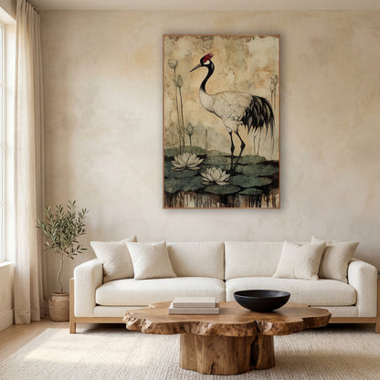 Crested Crane Waterlilies Japandi wall art in a calm Japandi-style room – crane with red crown standing among white