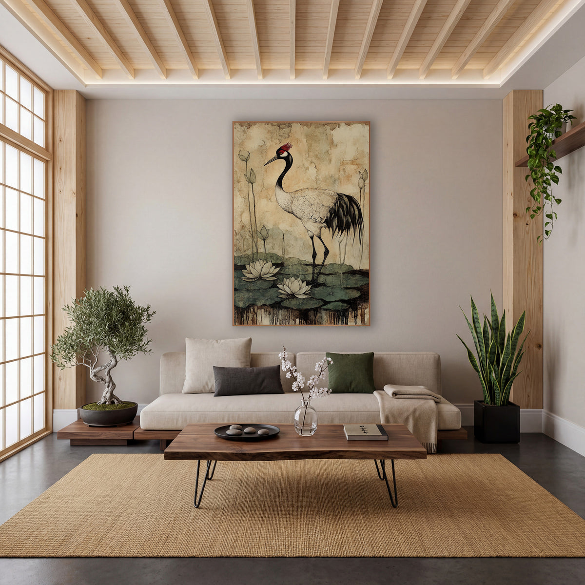 Crested Crane Waterlilies Japandi wall art in a calm Japandi-style room – crane with red crown standing among white