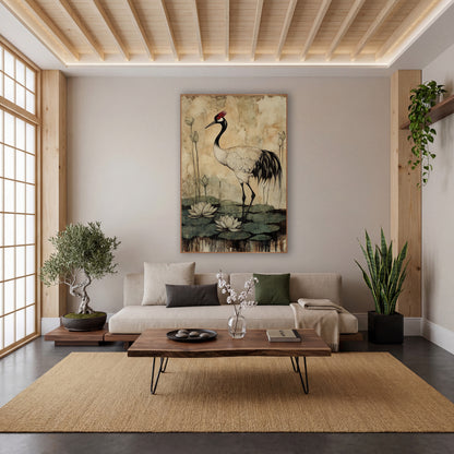 Crested Crane Waterlilies Japandi wall art in a calm Japandi-style room – crane with red crown standing among white