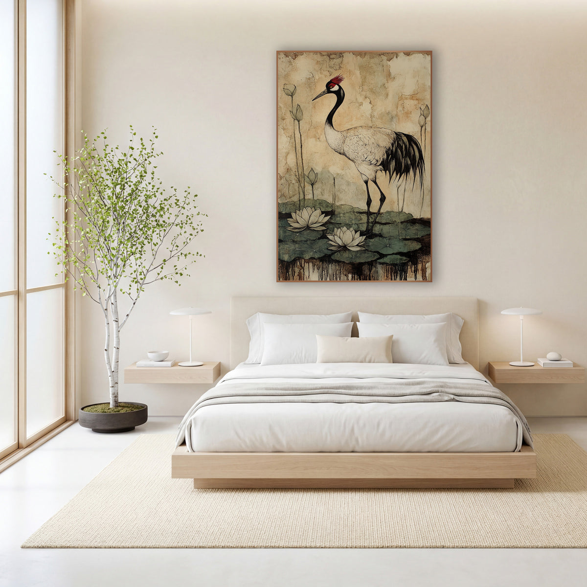 Crested Crane Waterlilies Japandi wall art in a calm Japandi-style room – crane with red crown standing among white