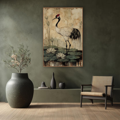 Crested Crane Waterlilies Japandi wall art in a calm Japandi-style room – crane with red crown standing among white