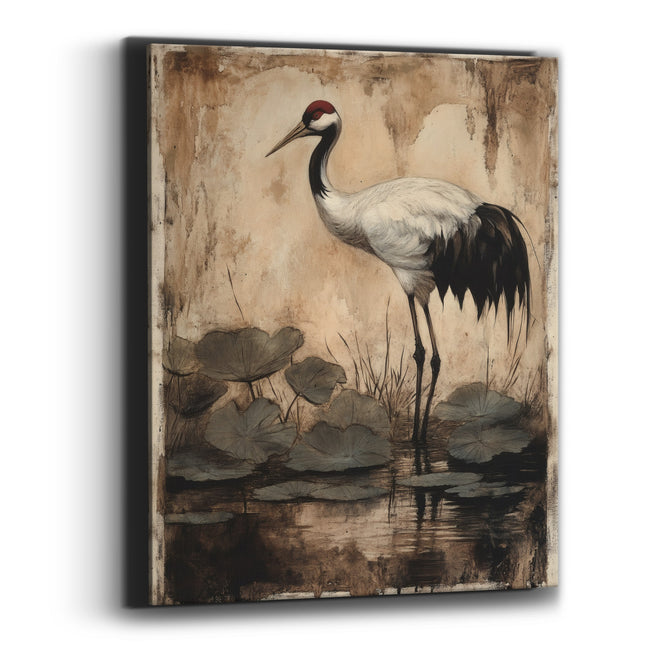 Crane Lily Pad Reflection Sepia Canvas Wall Art
