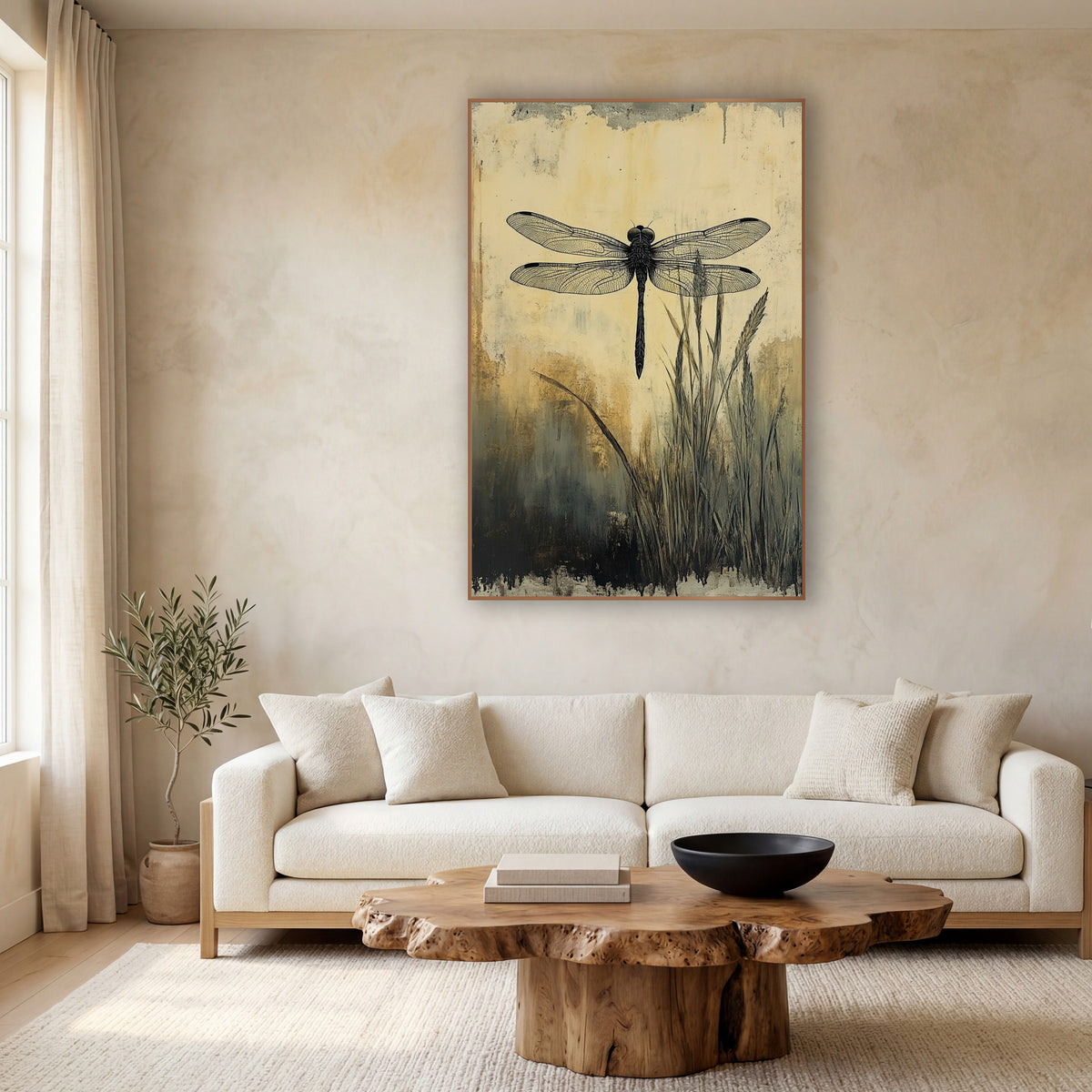 Black Dragonfly Meadow Japandi wall art in a calm Japandi-style room – black dragonfly with veined wings above tall