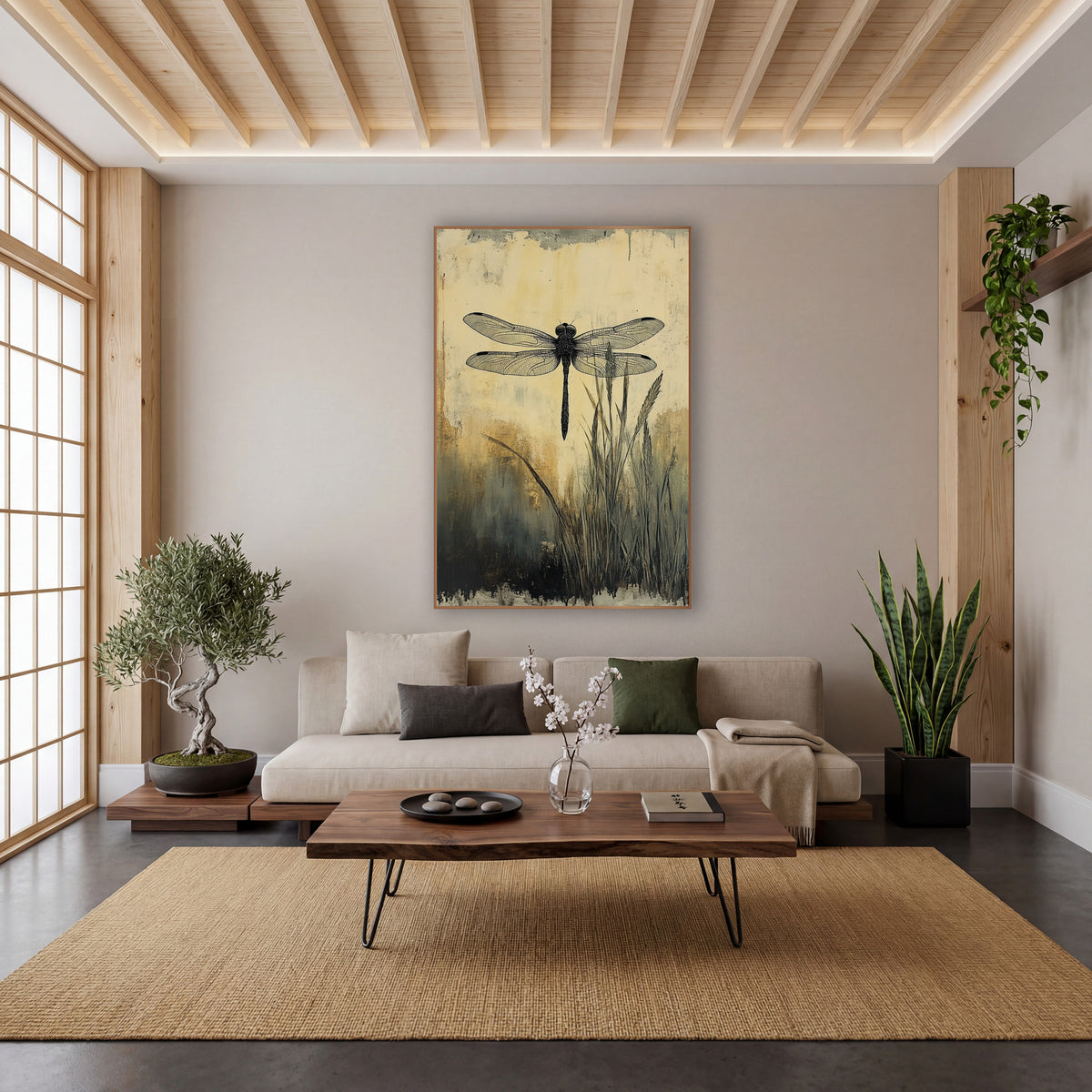 Black Dragonfly Meadow Japandi wall art in a calm Japandi-style room – black dragonfly with veined wings above tall