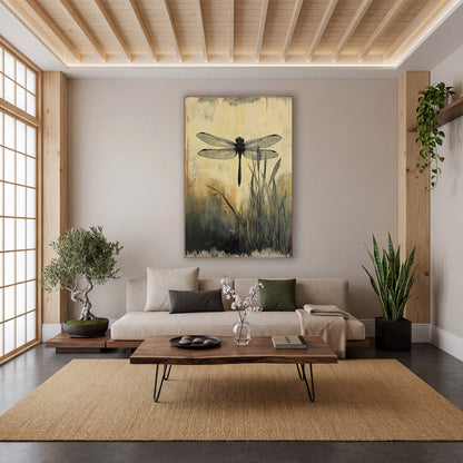 Black Dragonfly Meadow Japandi wall art in a calm Japandi-style room – black dragonfly with veined wings above tall