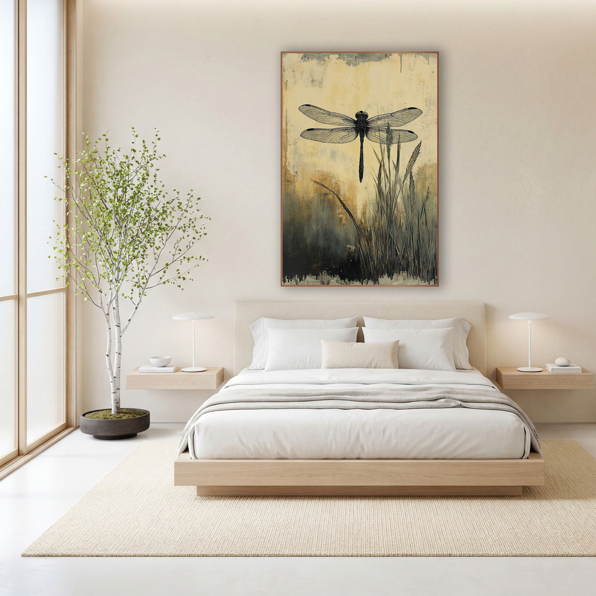 Black Dragonfly Meadow Japandi wall art in a calm Japandi-style room – black dragonfly with veined wings above tall